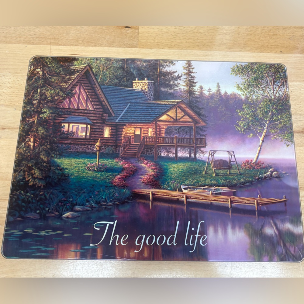 Lakeside Cabin Cutting Board. 12”x16” Tempered Glass.
Evening Scene.